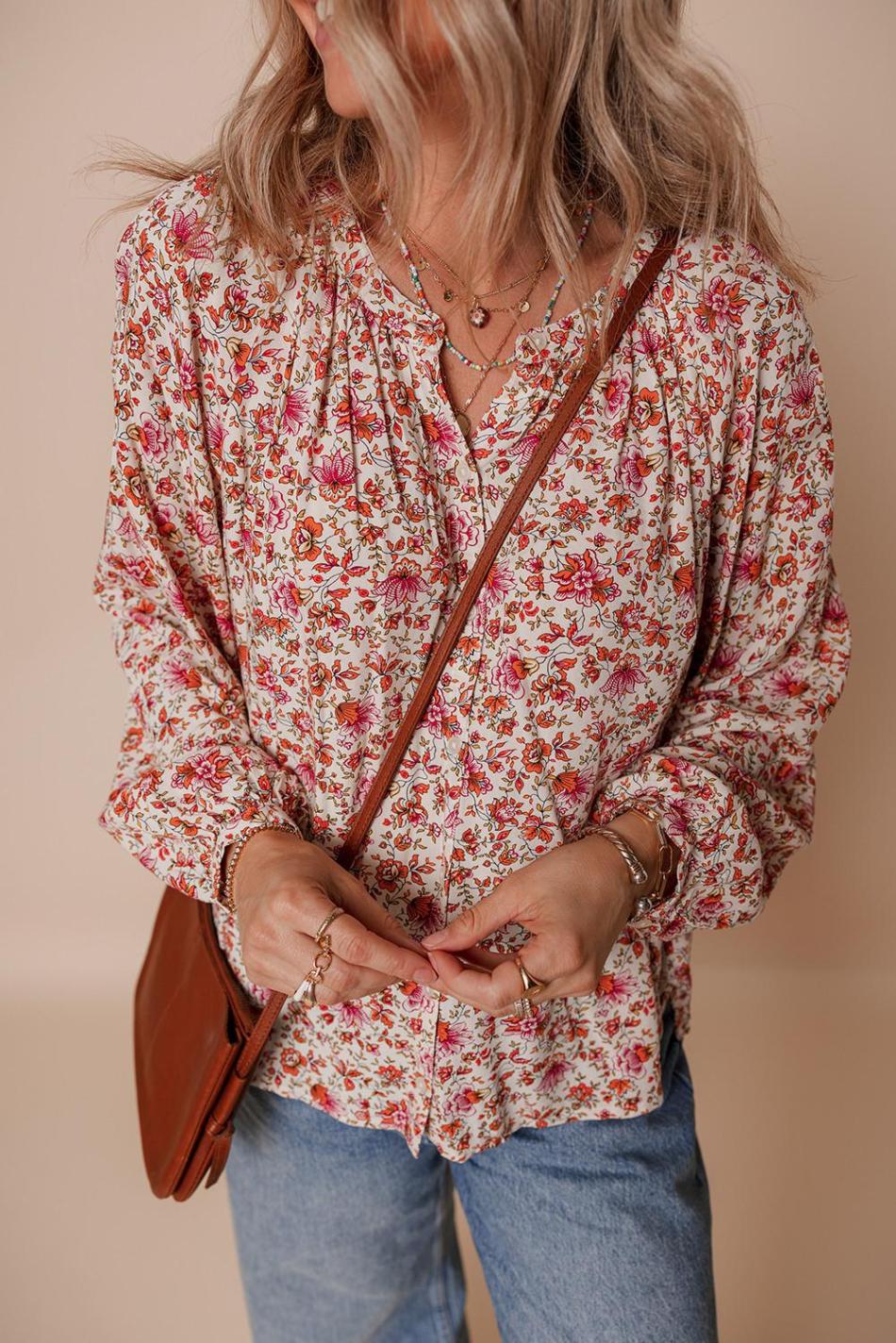 Red Floral Print Pleated Detail Notched Neck Puff Sleeve Blouse | Women Blouses