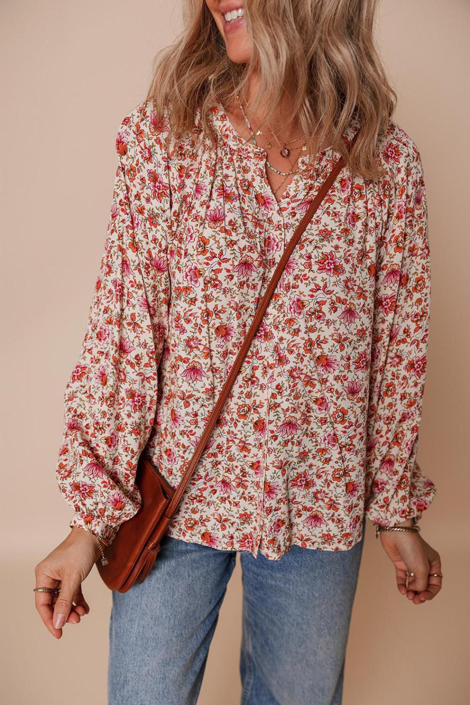 Red Floral Print Pleated Detail Notched Neck Puff Sleeve Blouse | Women Blouses