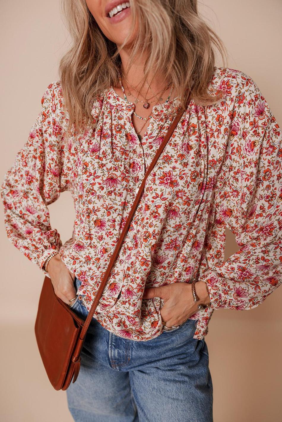 Red Floral Print Pleated Detail Notched Neck Puff Sleeve Blouse | Women Blouses