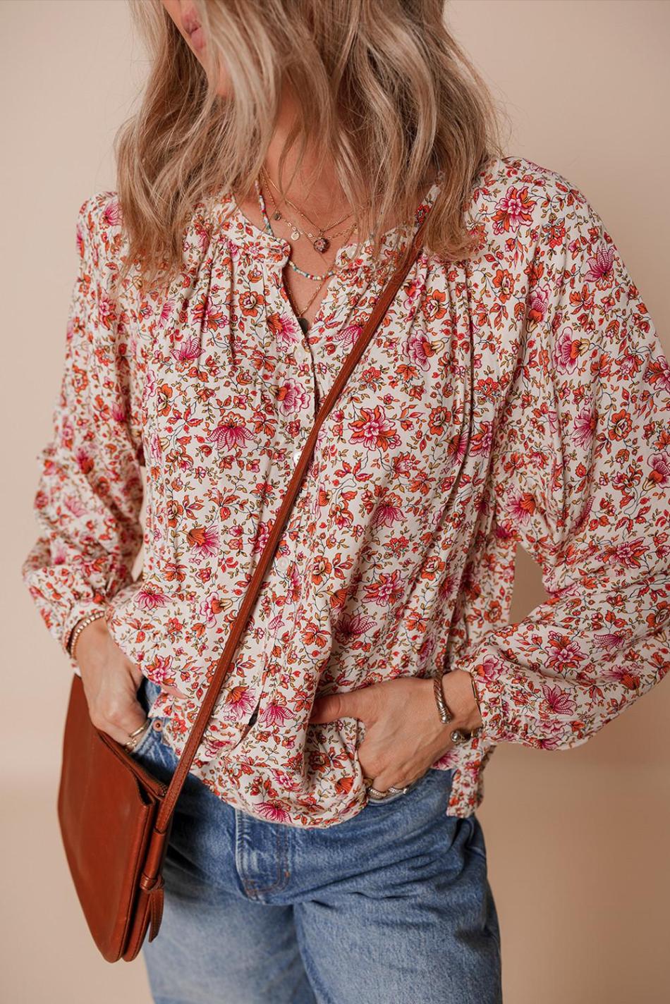 Red Floral Print Pleated Detail Notched Neck Puff Sleeve Blouse | Women Blouses