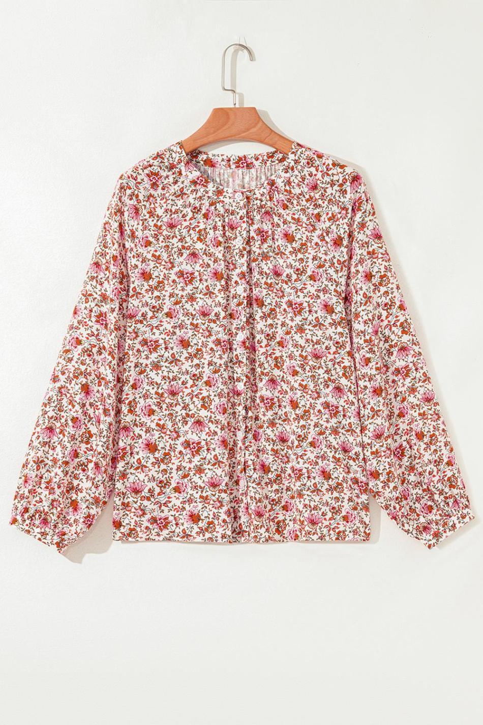 Red Floral Print Pleated Detail Notched Neck Puff Sleeve Blouse | Women Blouses