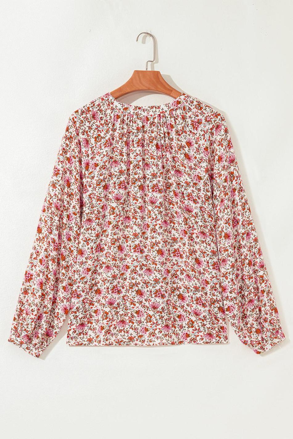 Red Floral Print Pleated Detail Notched Neck Puff Sleeve Blouse | Women Blouses