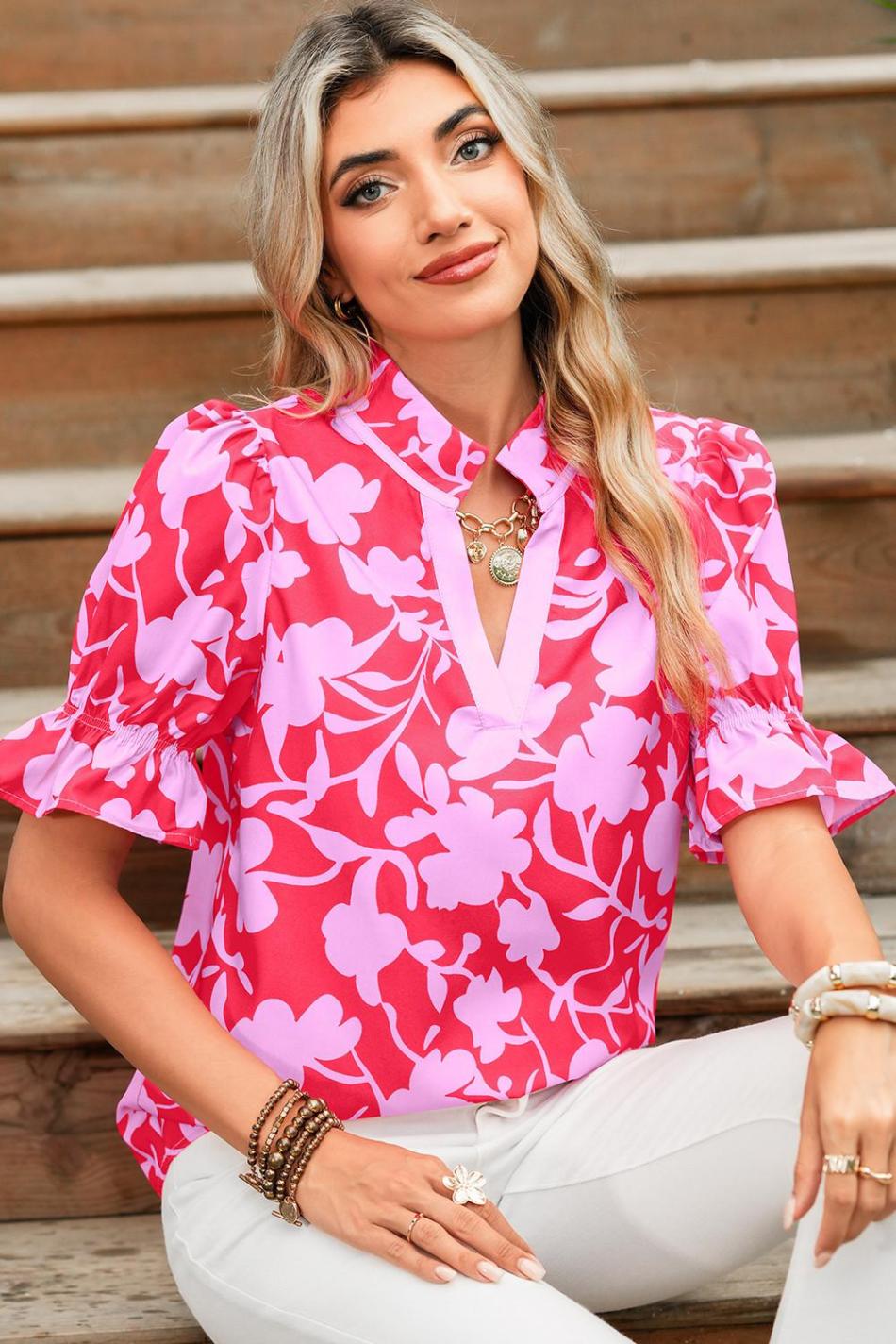 Red Floral Split V Neck Ruffle Puff Sleeve Blouse | Women Blouses