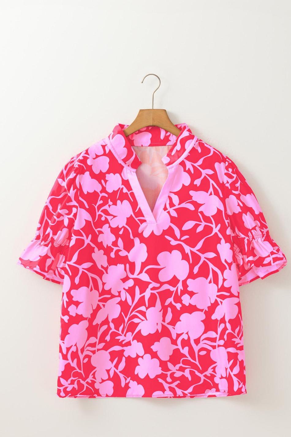 Red Floral Split V Neck Ruffle Puff Sleeve Blouse | Women Blouses