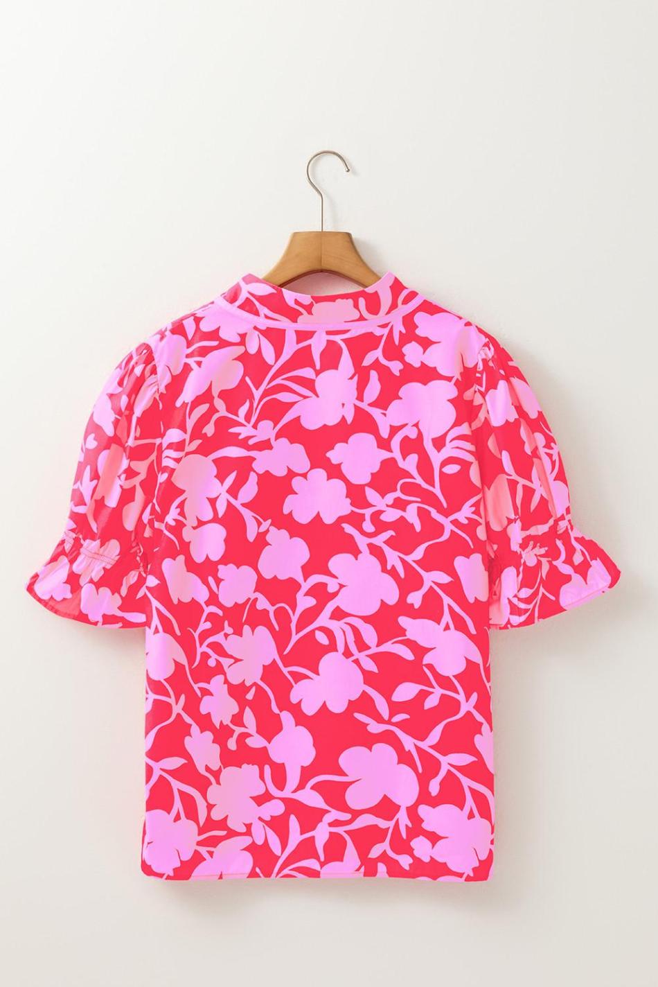 Red Floral Split V Neck Ruffle Puff Sleeve Blouse | Women Blouses