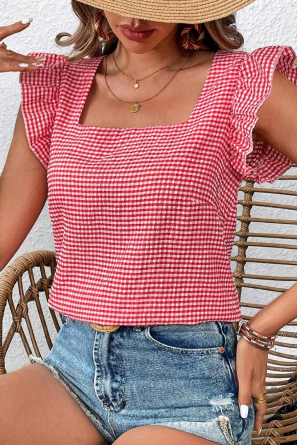 Red Gingham Square Neck Flutter Sleeveless Blouse | Women Sleeveless Tops