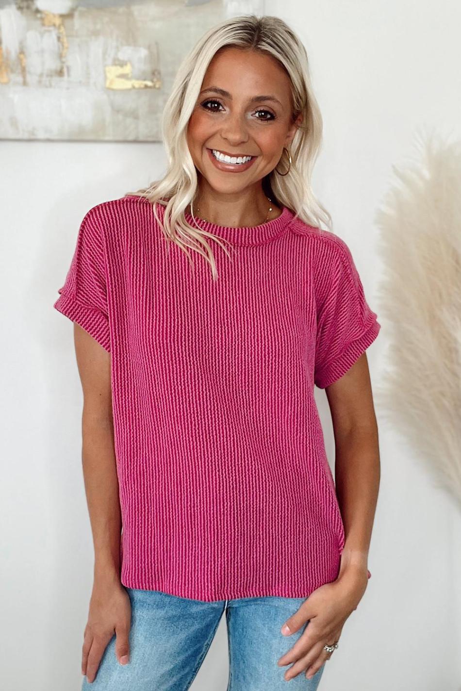 Rose Red Crinkle Rib Textured Knit Round Neck T Shirt | Women T Shirts