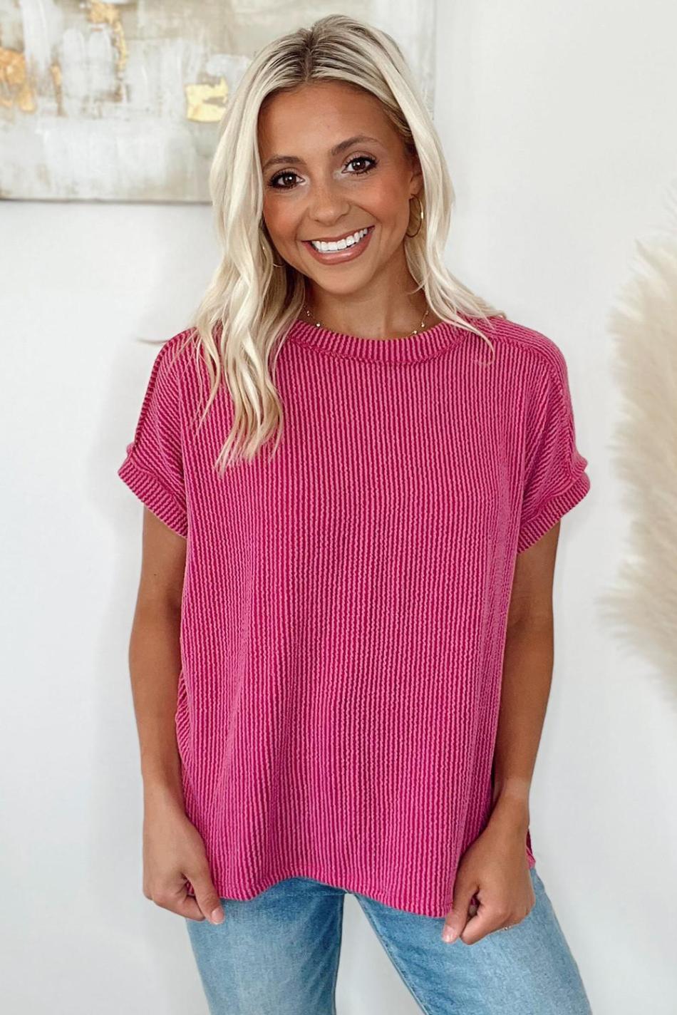 Rose Red Crinkle Rib Textured Knit Round Neck T Shirt | Women T Shirts