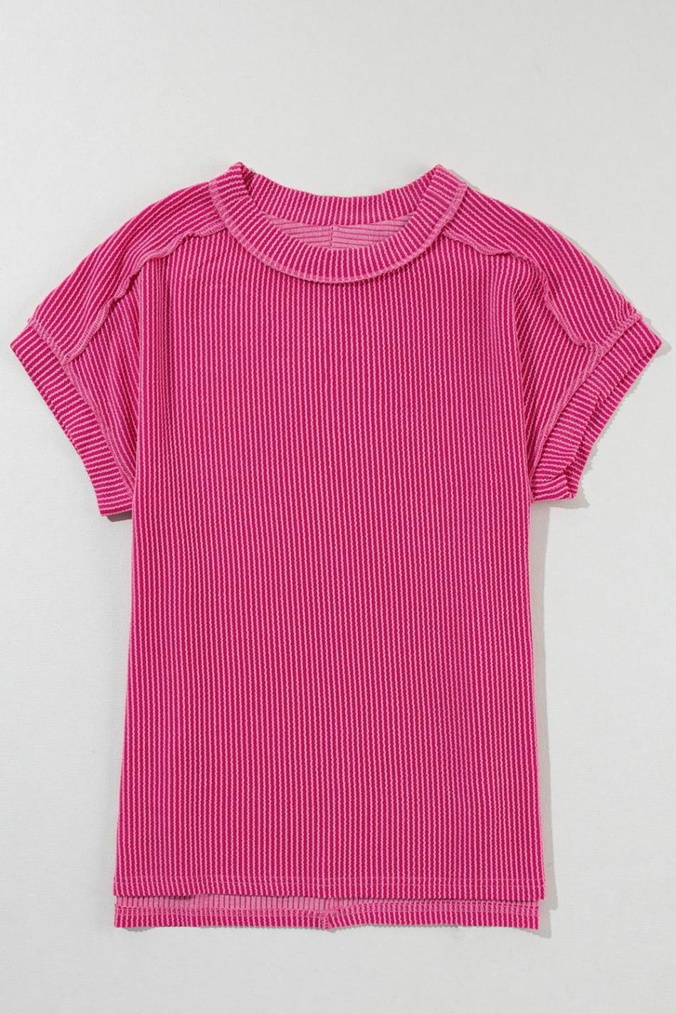 Rose Red Crinkle Rib Textured Knit Round Neck T Shirt | Women T Shirts