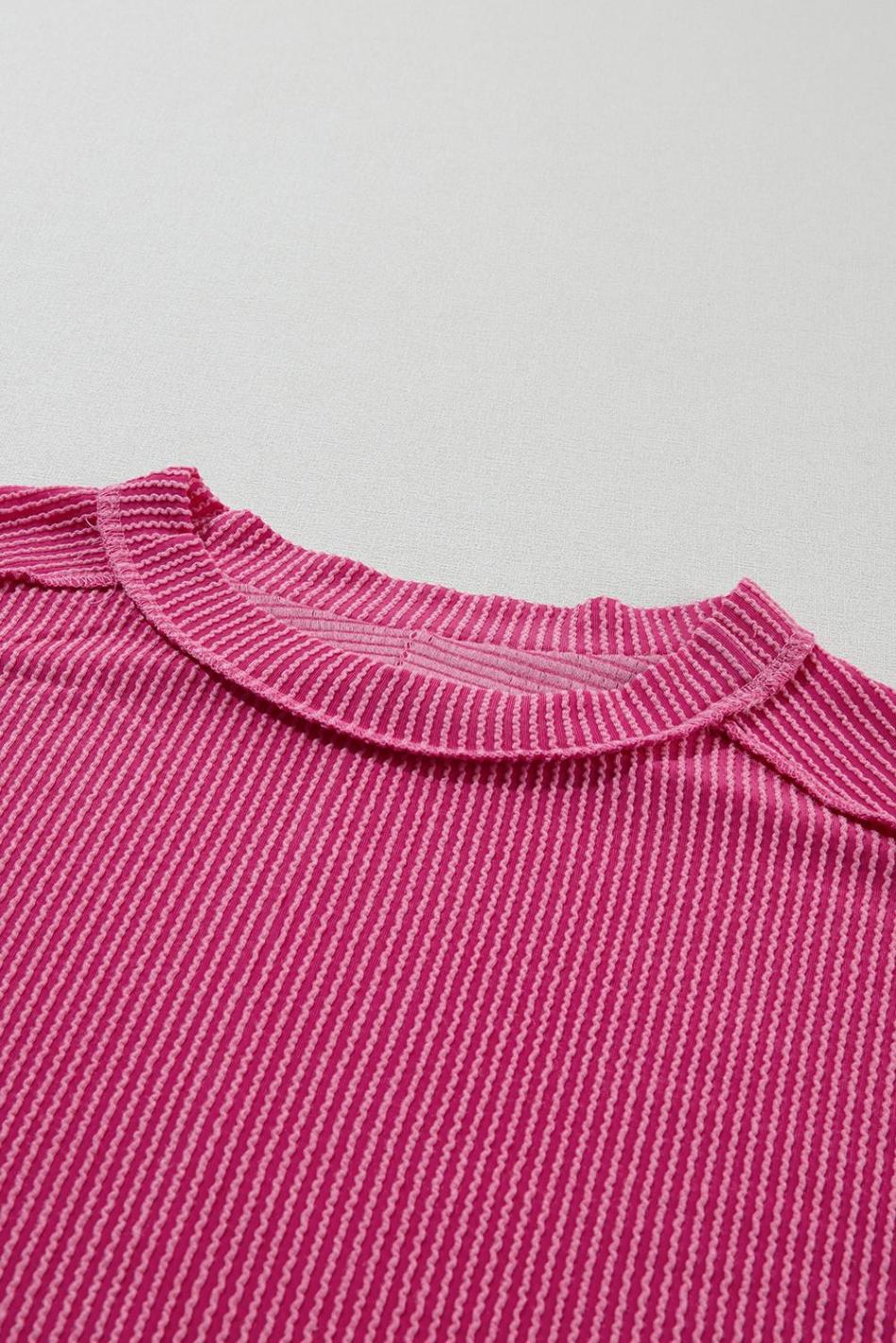 Rose Red Crinkle Rib Textured Knit Round Neck T Shirt | Women T Shirts