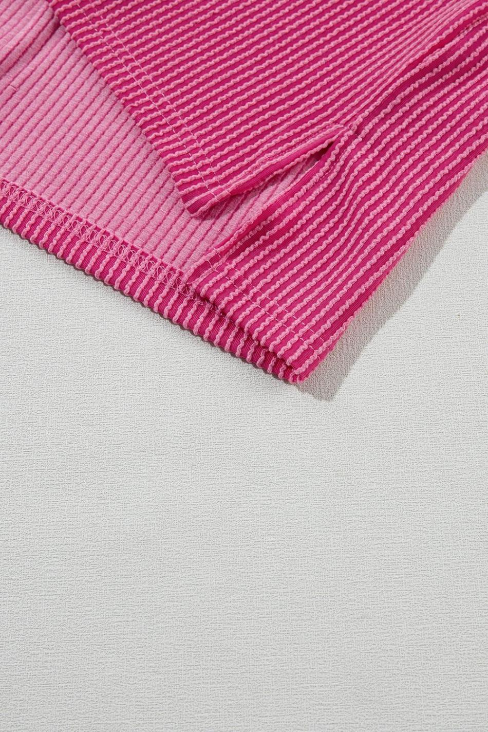 Rose Red Crinkle Rib Textured Knit Round Neck T Shirt | Women T Shirts