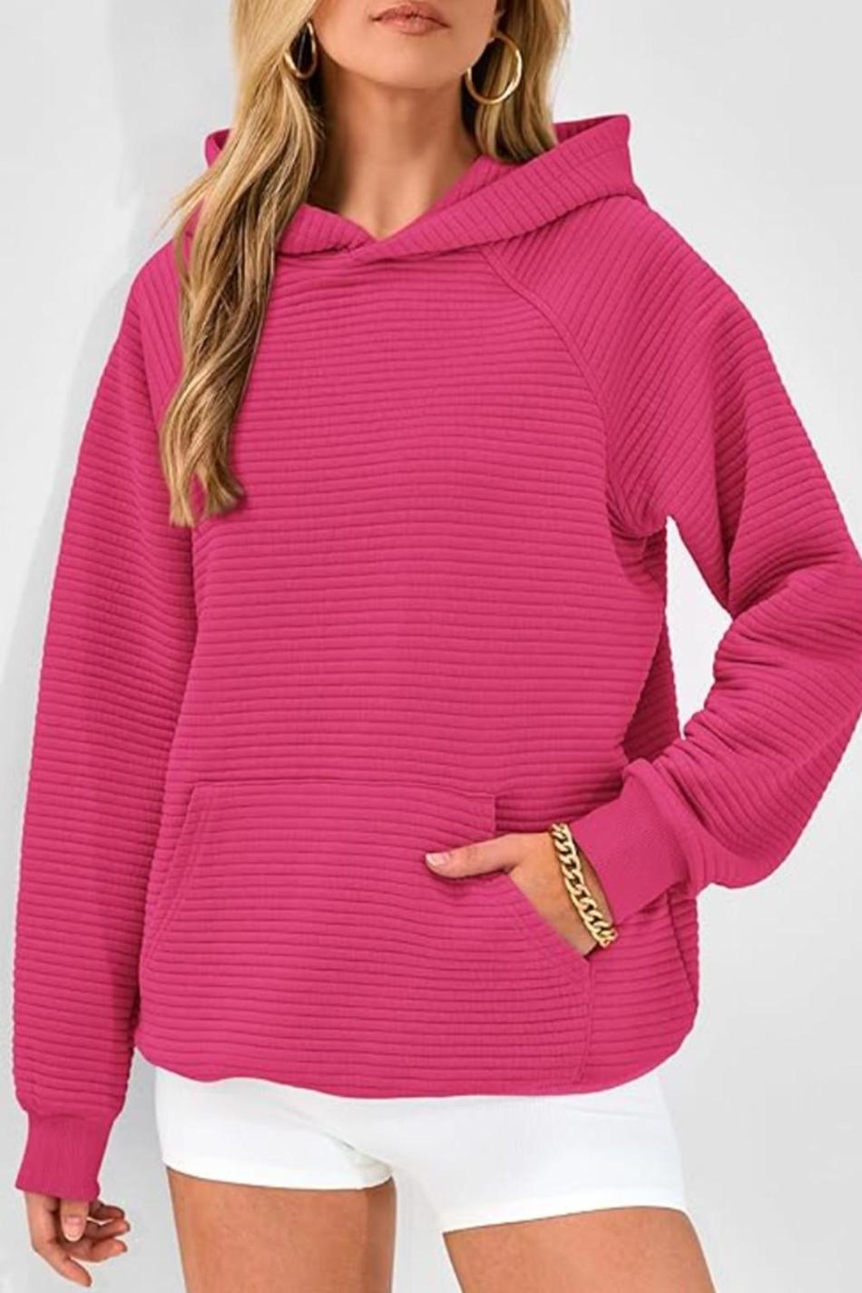 Rose Red Kangaroo Pocket Plain Textured Hoodie | Women Sweatshirts & Hoodies