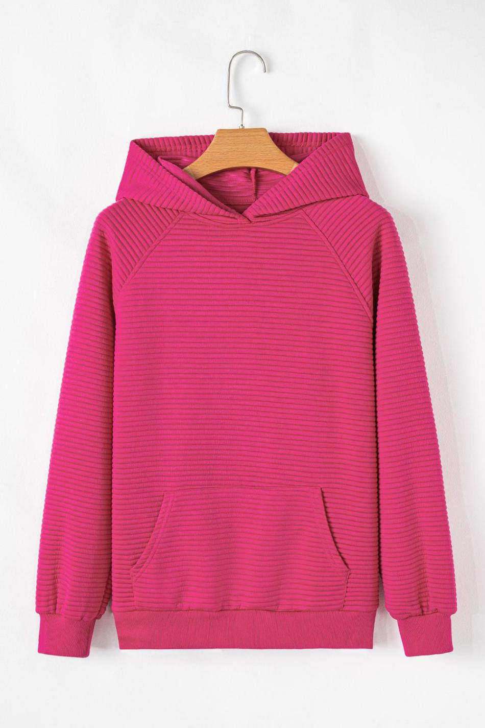Rose Red Kangaroo Pocket Plain Textured Hoodie | Women Sweatshirts & Hoodies