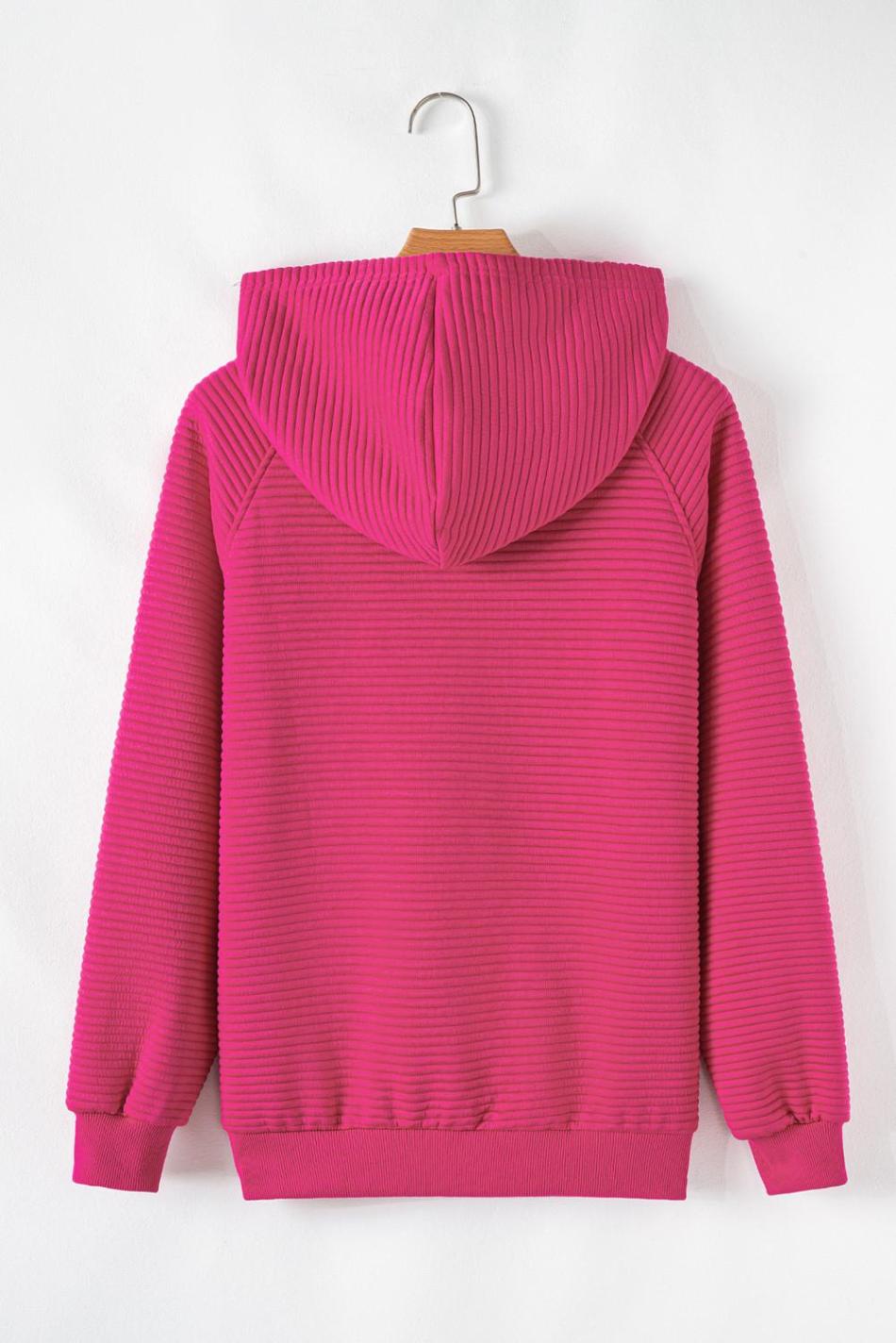 Rose Red Kangaroo Pocket Plain Textured Hoodie | Women Sweatshirts & Hoodies