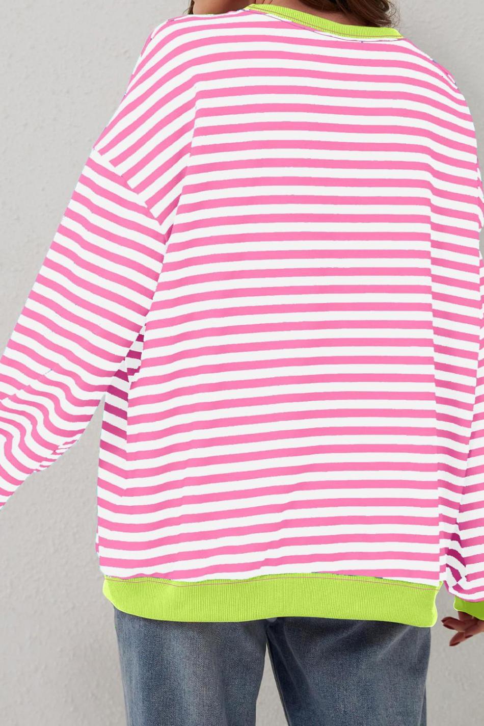Rose Red Striped Contrast Trim Drop Shoulder Sweatshirt | Women Sweatshirts & Hoodies