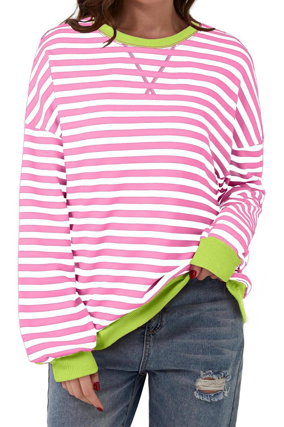 Rose Red Striped Contrast Trim Drop Shoulder Sweatshirt | Women Sweatshirts & Hoodies