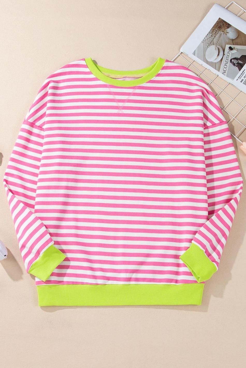 Rose Red Striped Contrast Trim Drop Shoulder Sweatshirt | Women Sweatshirts & Hoodies
