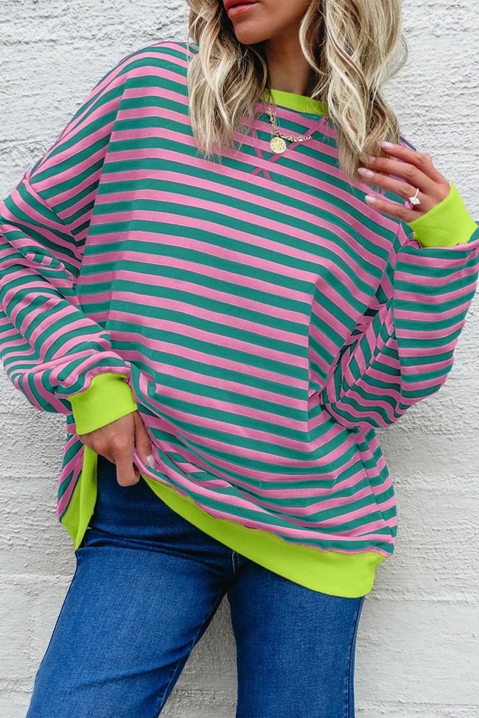 Rose Striped Contrast Trim Drop Shoulder Sweatshirt | Women Sweatshirts & Hoodies