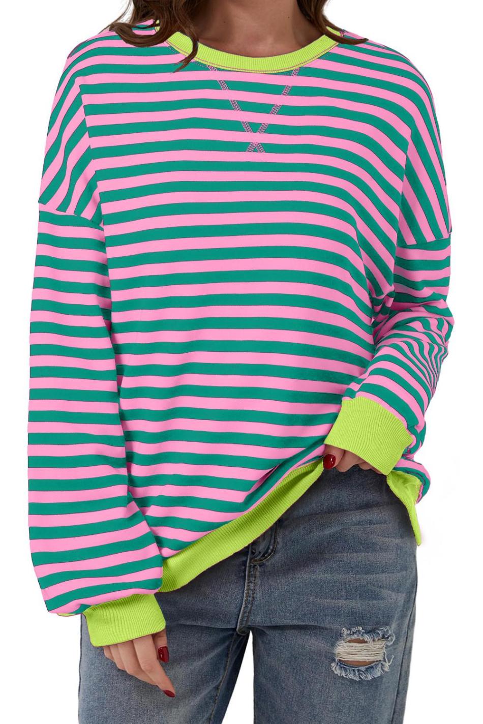 Rose Striped Contrast Trim Drop Shoulder Sweatshirt | Women Sweatshirts & Hoodies