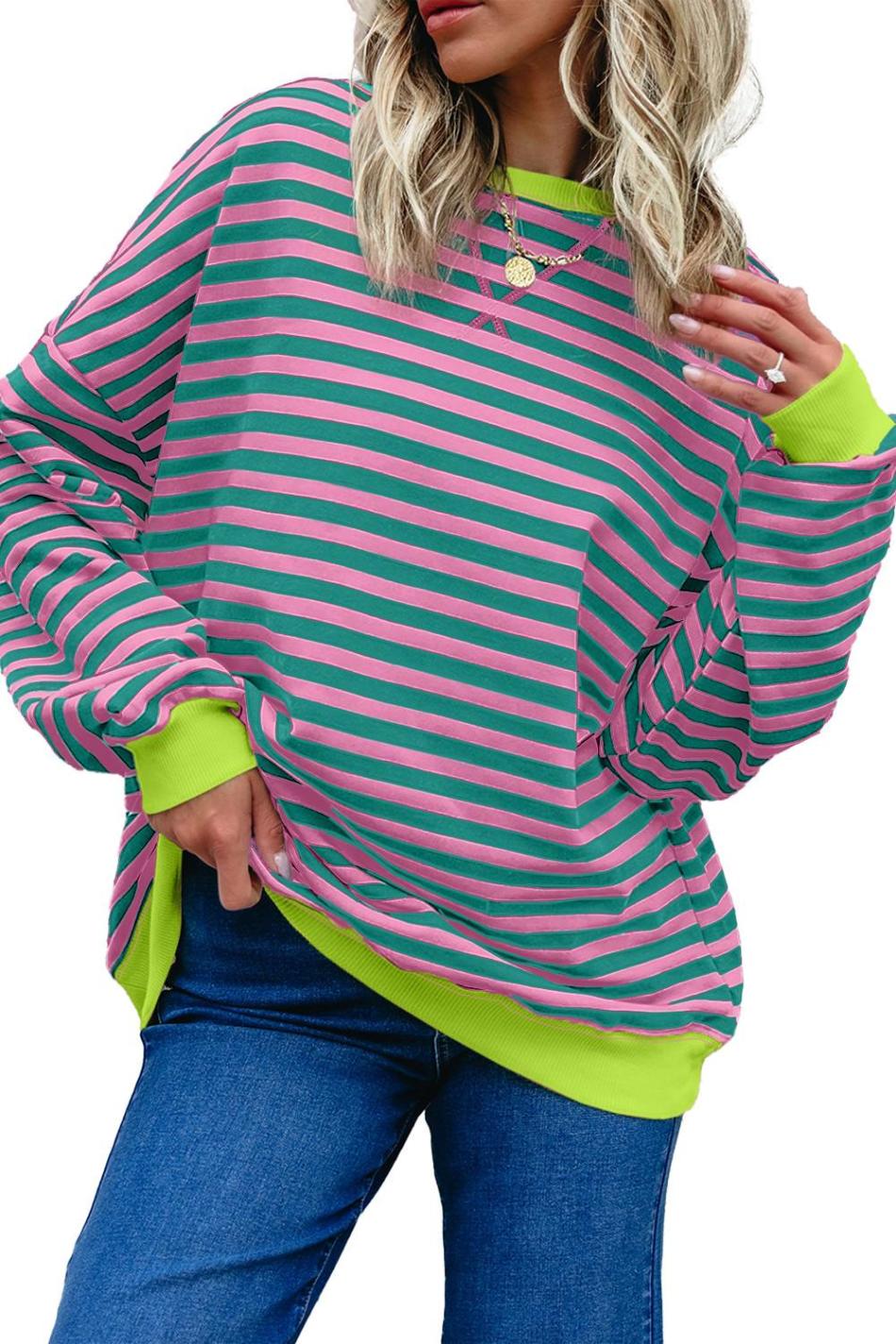 Rose Striped Contrast Trim Drop Shoulder Sweatshirt | Women Sweatshirts & Hoodies