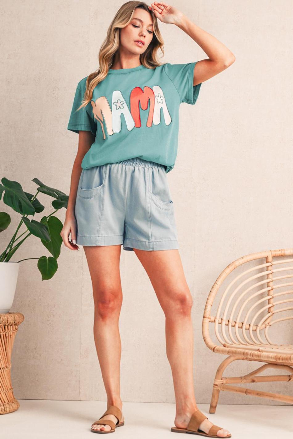 Sea Green Floral Mama Print Crewneck T Shirt | Women T Shirts