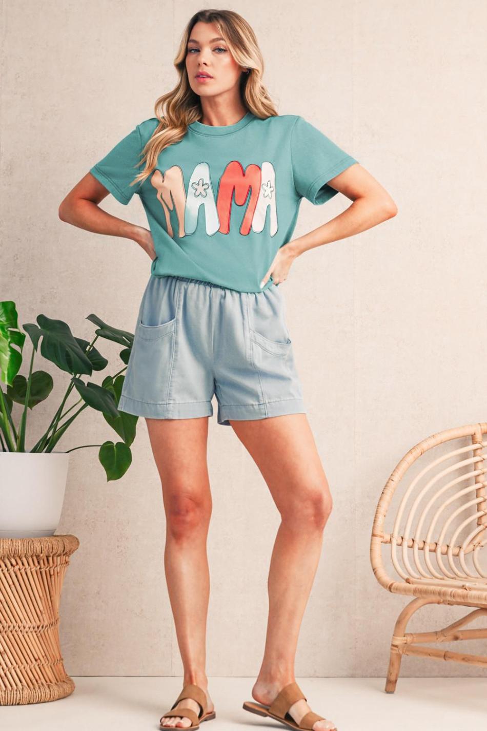 Sea Green Floral Mama Print Crewneck T Shirt | Women T Shirts