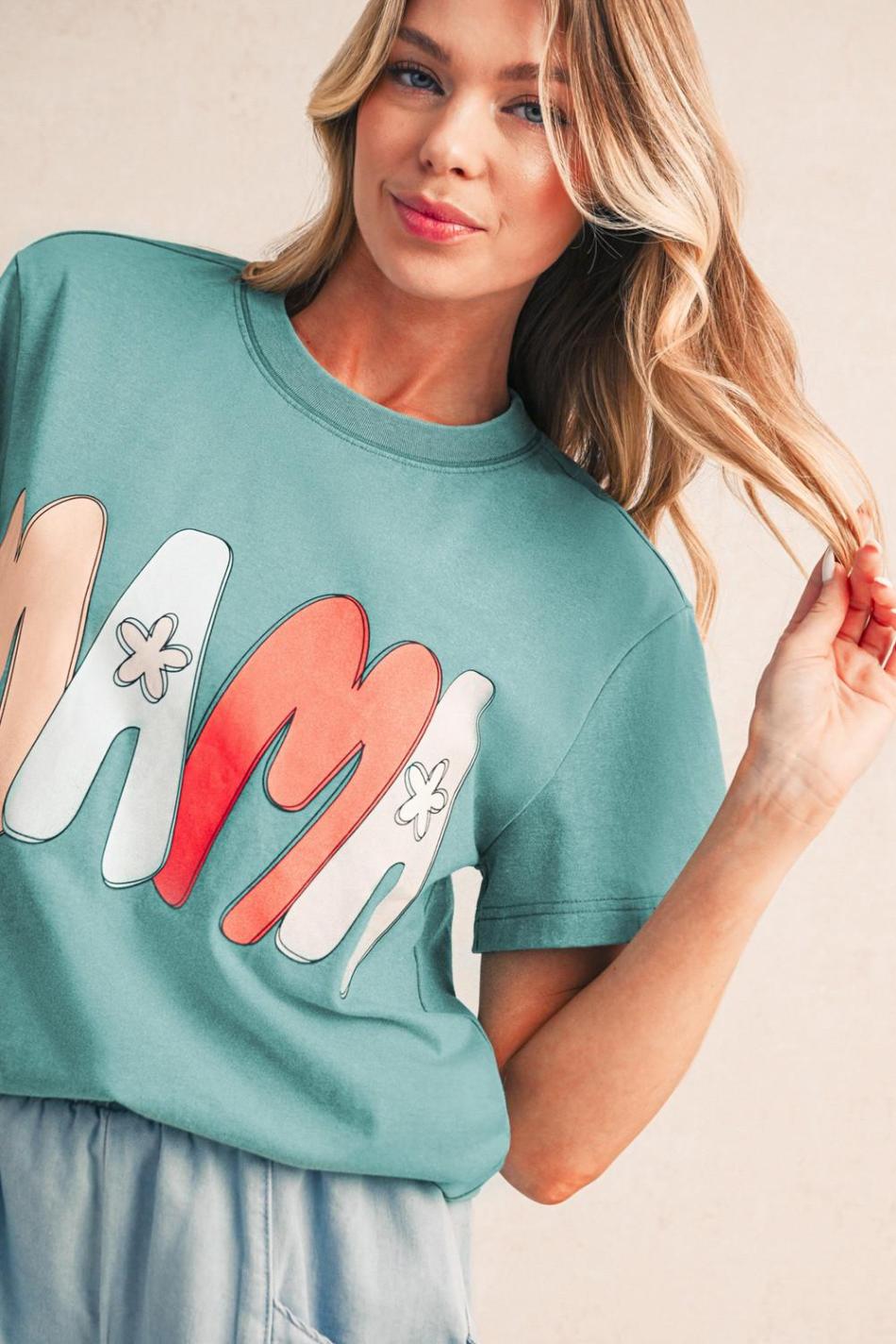 Sea Green Floral Mama Print Crewneck T Shirt | Women T Shirts