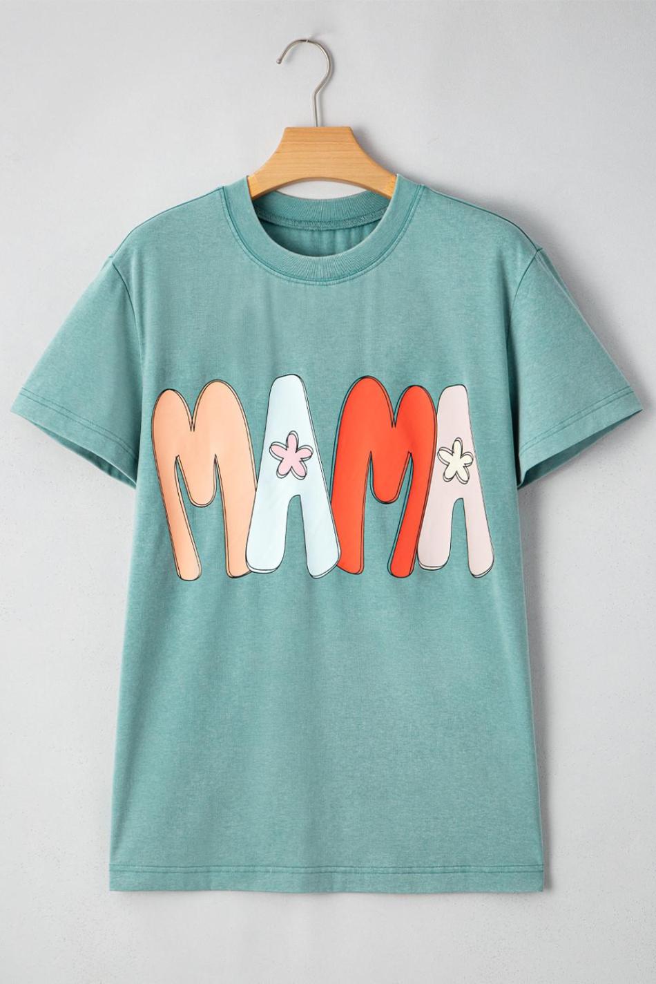 Sea Green Floral Mama Print Crewneck T Shirt | Women T Shirts