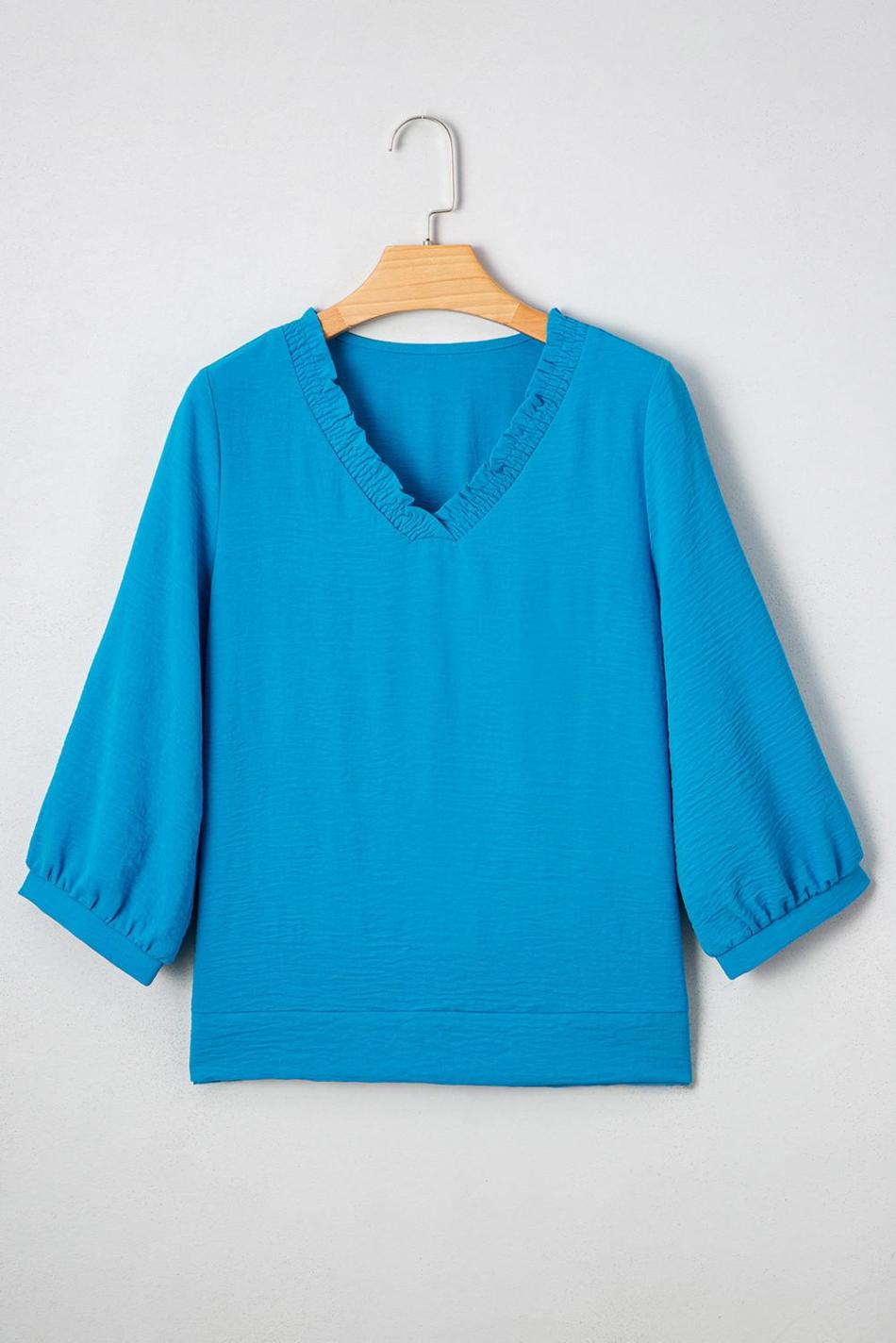 Sky Blue Frill V Neckline Puff Sleeve Crinkled Blouse | Women Blouses