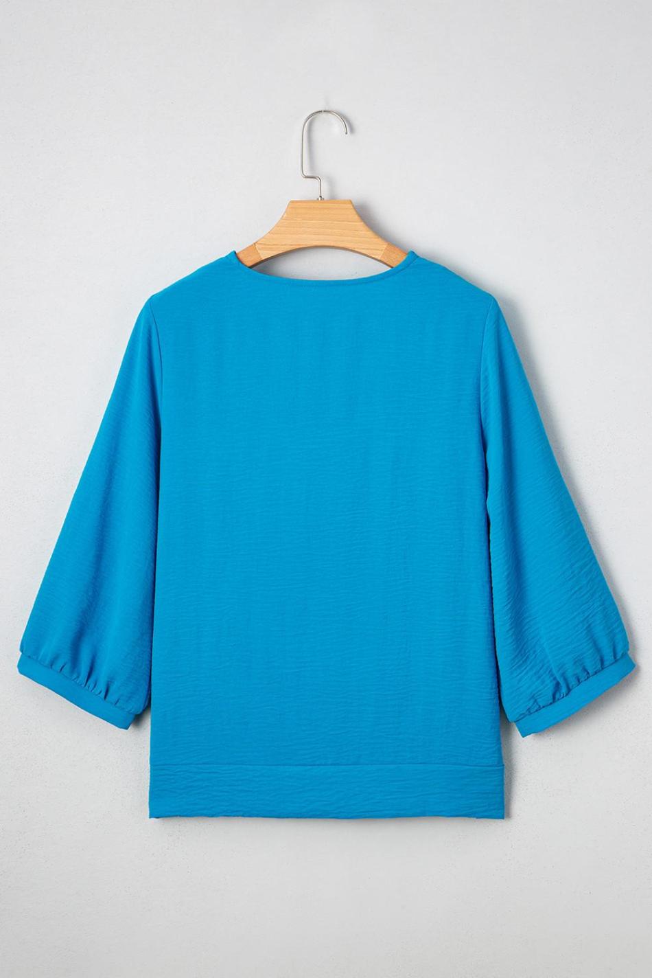 Sky Blue Frill V Neckline Puff Sleeve Crinkled Blouse | Women Blouses