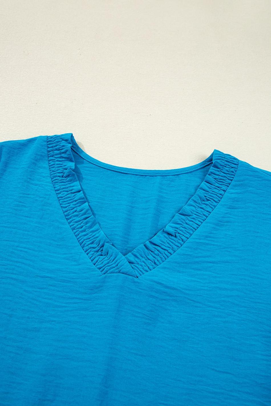 Sky Blue Frill V Neckline Puff Sleeve Crinkled Blouse | Women Blouses