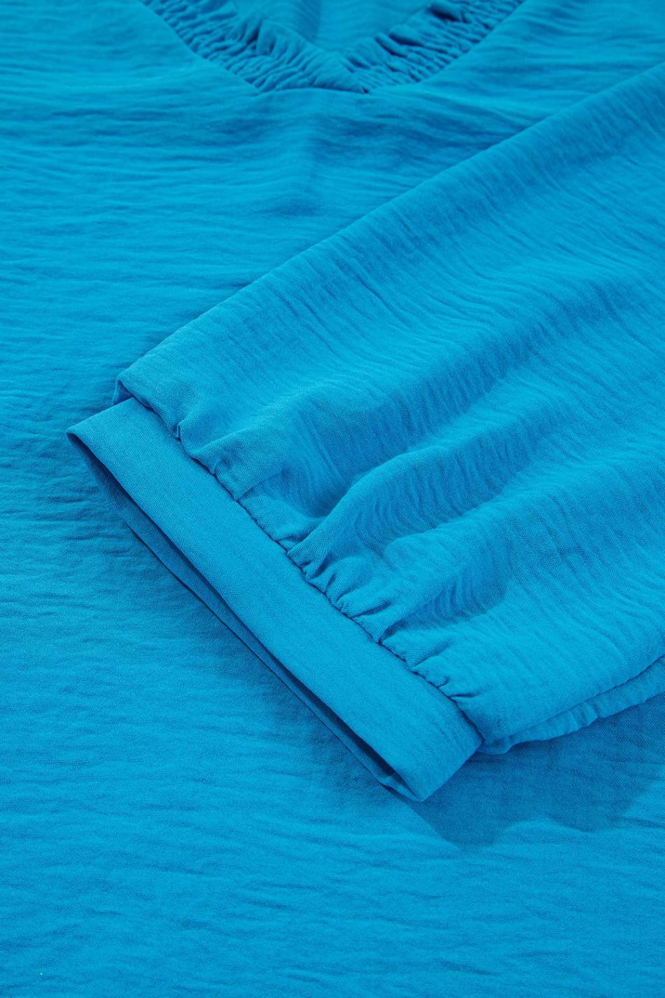 Sky Blue Frill V Neckline Puff Sleeve Crinkled Blouse | Women Blouses