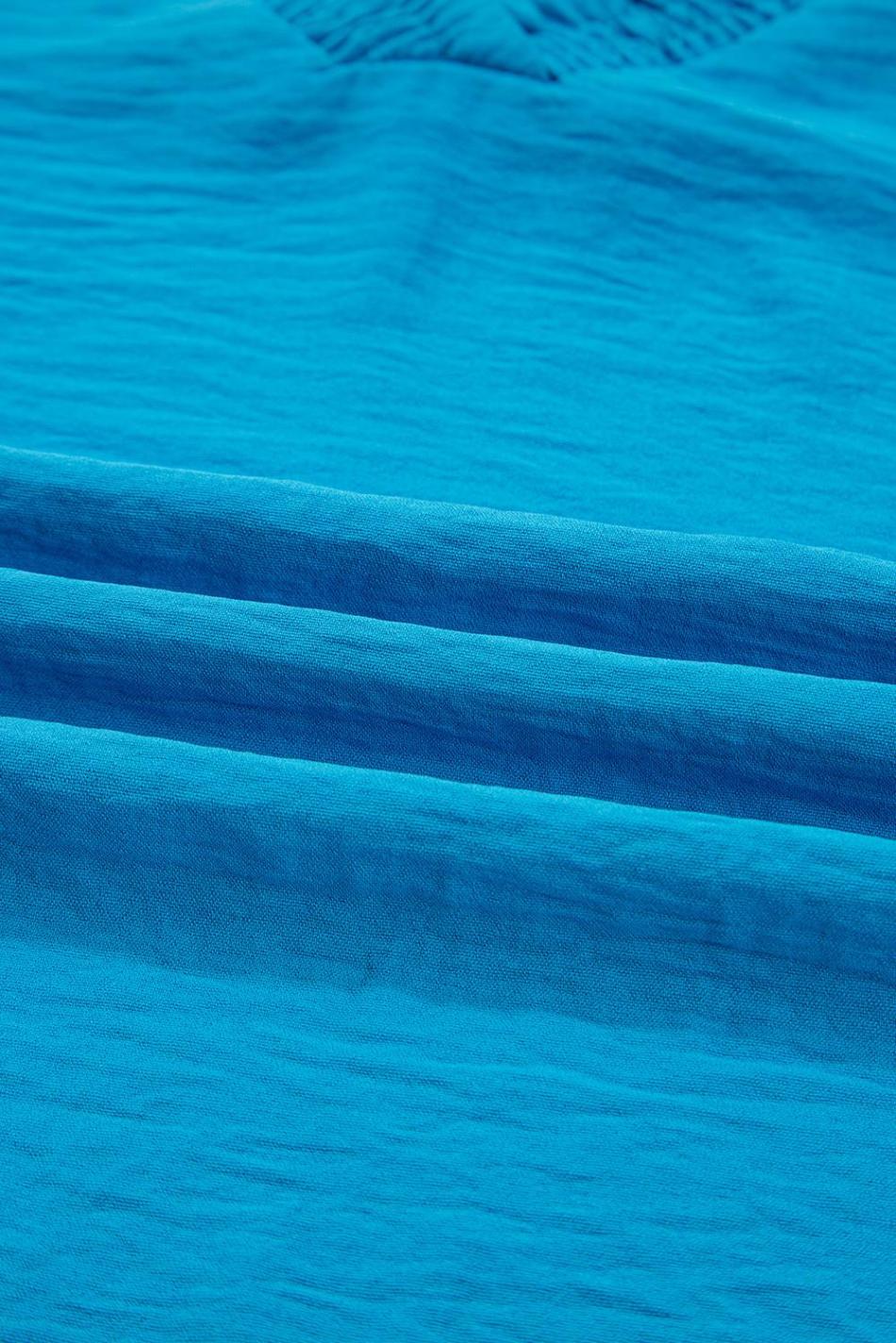 Sky Blue Frill V Neckline Puff Sleeve Crinkled Blouse | Women Blouses