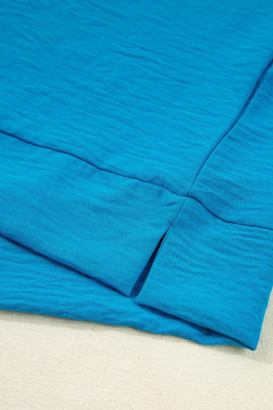 Sky Blue Frill V Neckline Puff Sleeve Crinkled Blouse | Women Blouses