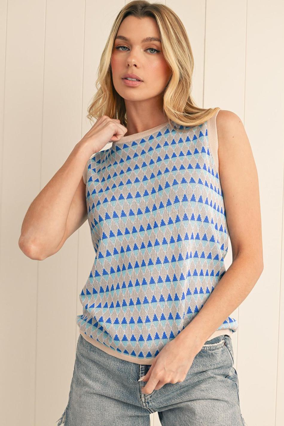 Sky Blue Stripe Geometric Print Round Neck Slim Fit Sweater Vest | Women Knit Tops