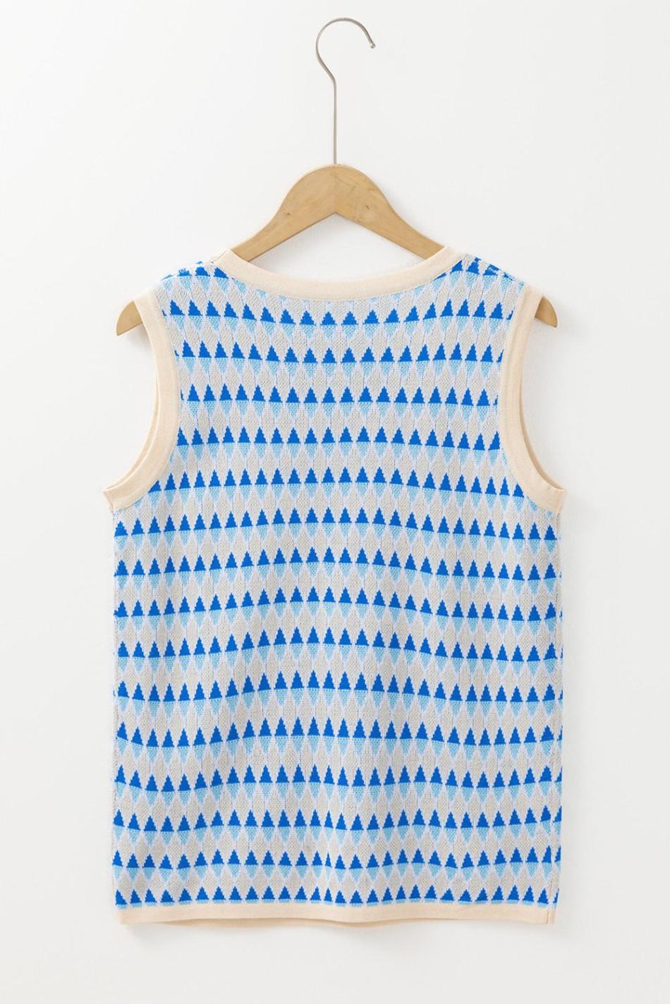 Sky Blue Stripe Geometric Print Round Neck Slim Fit Sweater Vest | Women Knit Tops
