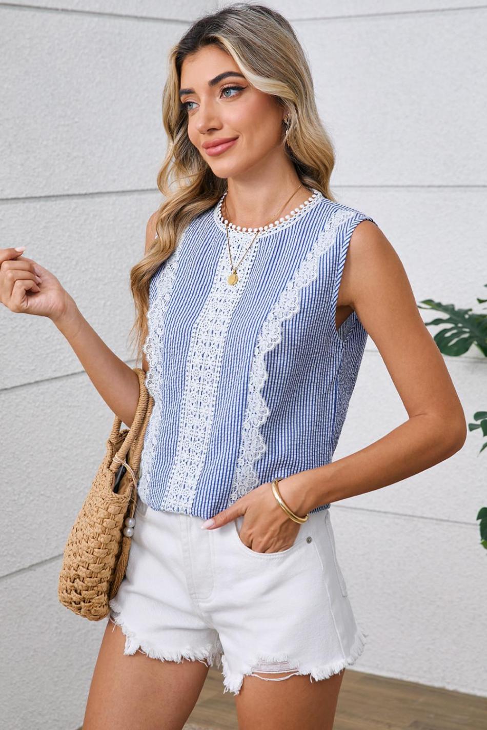 Sky Blue Stripe Lace Detail Crinkle Sleeveless Blouse | Women Sleeveless Tops