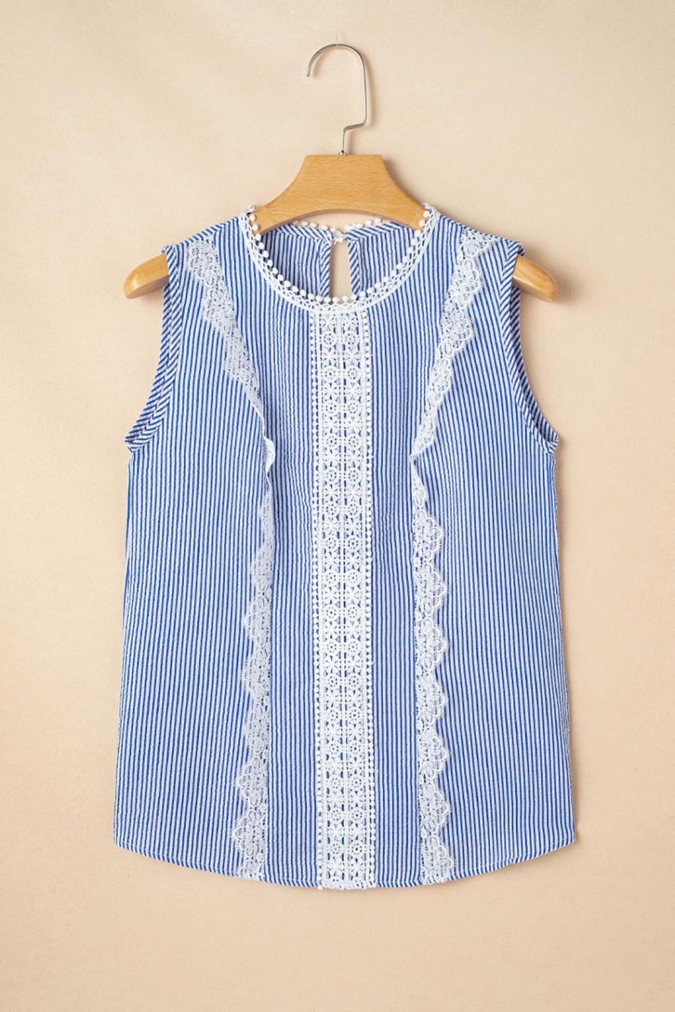Sky Blue Stripe Lace Detail Crinkle Sleeveless Blouse | Women Sleeveless Tops