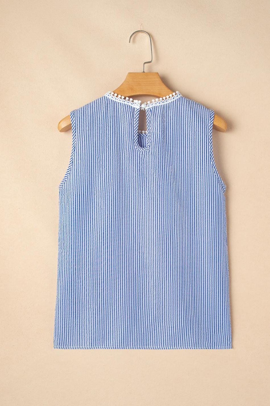 Sky Blue Stripe Lace Detail Crinkle Sleeveless Blouse | Women Sleeveless Tops