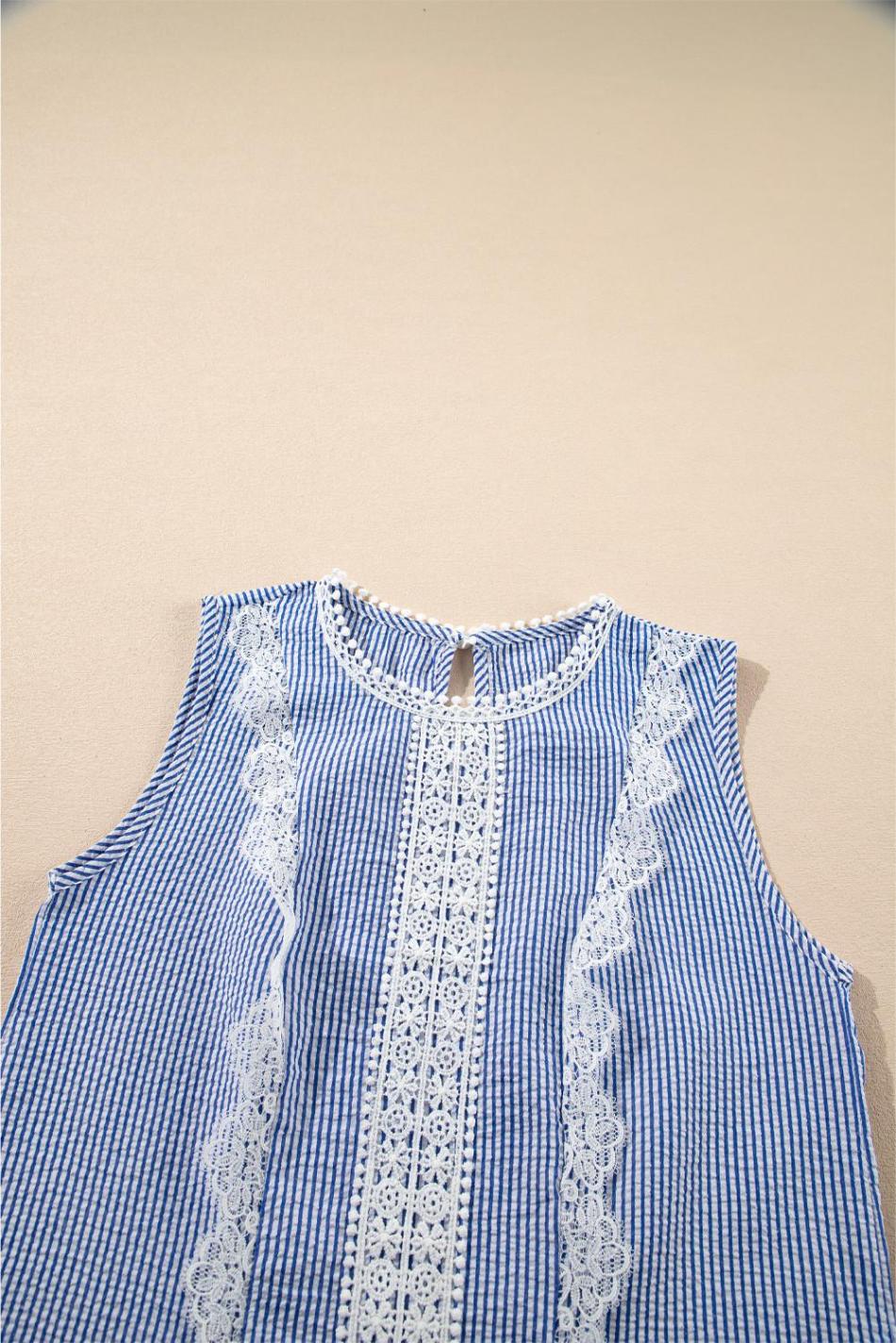 Sky Blue Stripe Lace Detail Crinkle Sleeveless Blouse | Women Sleeveless Tops