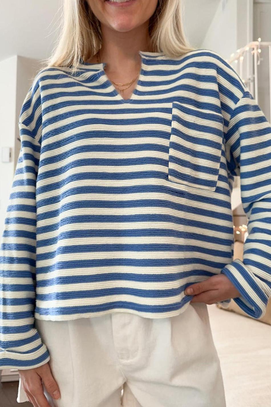 Sky Blue Stripe Pocket Buttoned Back Notched V Neck Top | Women Long Sleeve Tops