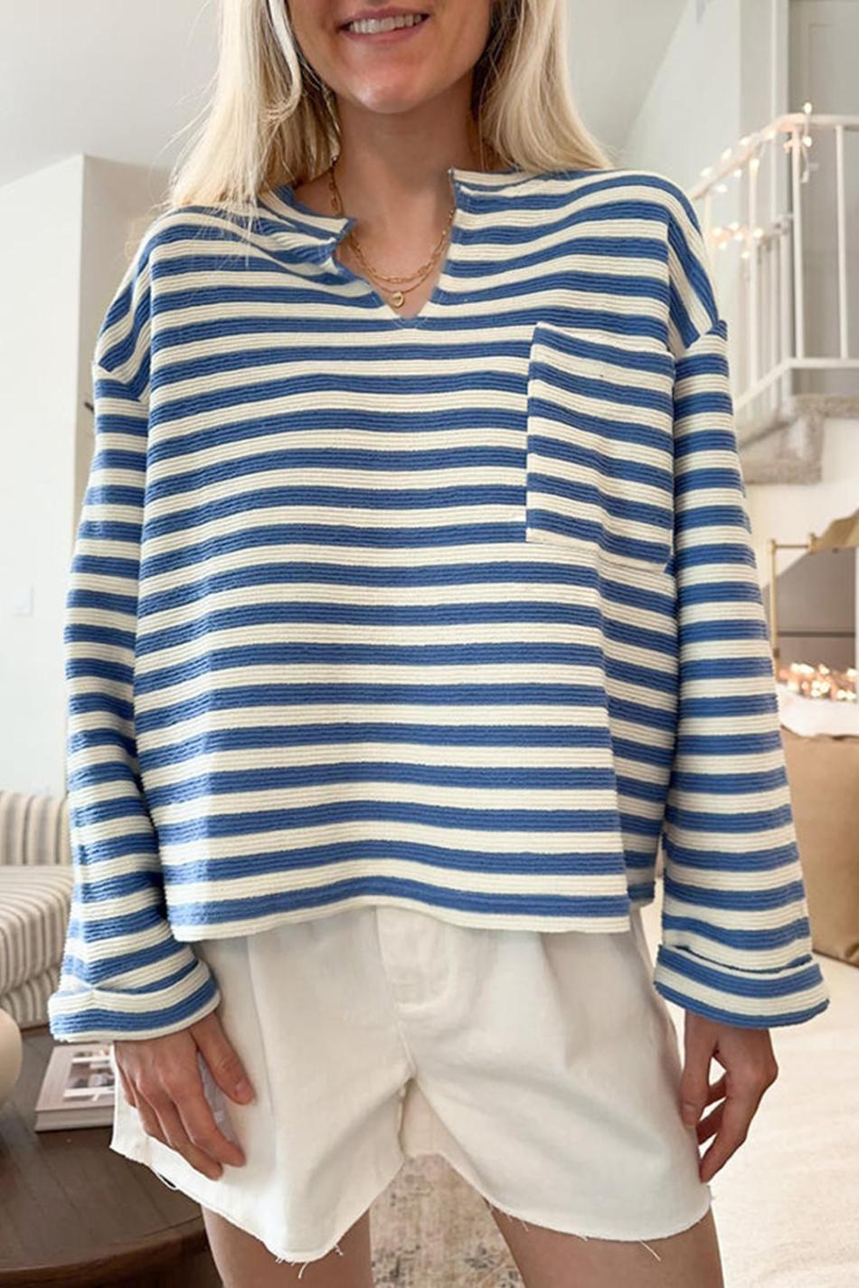 Sky Blue Stripe Pocket Buttoned Back Notched V Neck Top | Women Long Sleeve Tops
