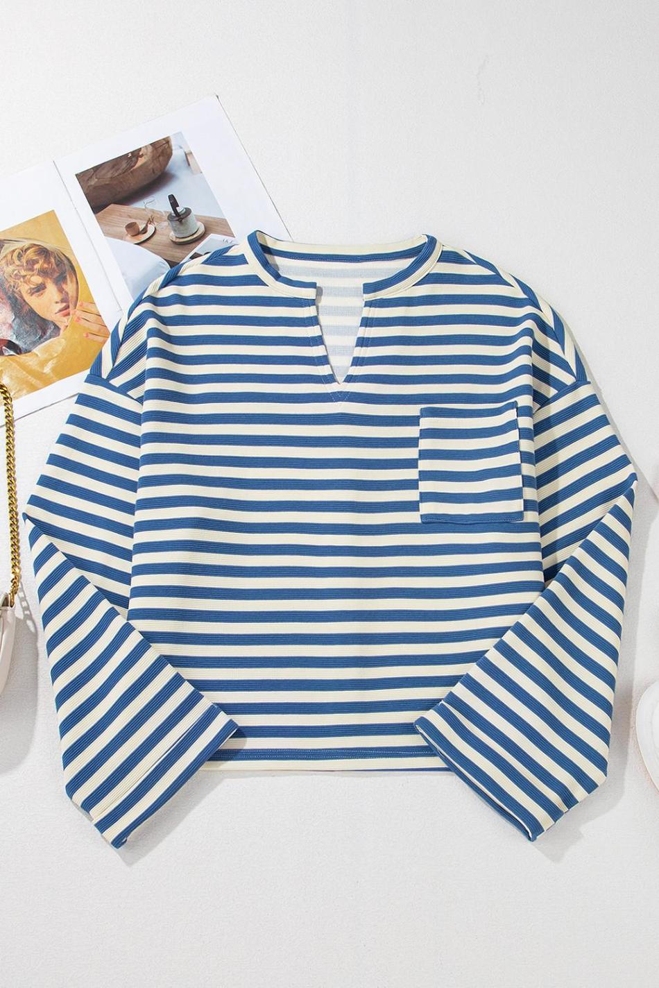 Sky Blue Stripe Pocket Buttoned Back Notched V Neck Top | Women Long Sleeve Tops