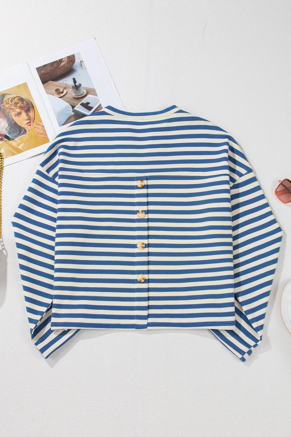 Sky Blue Stripe Pocket Buttoned Back Notched V Neck Top | Women Long Sleeve Tops