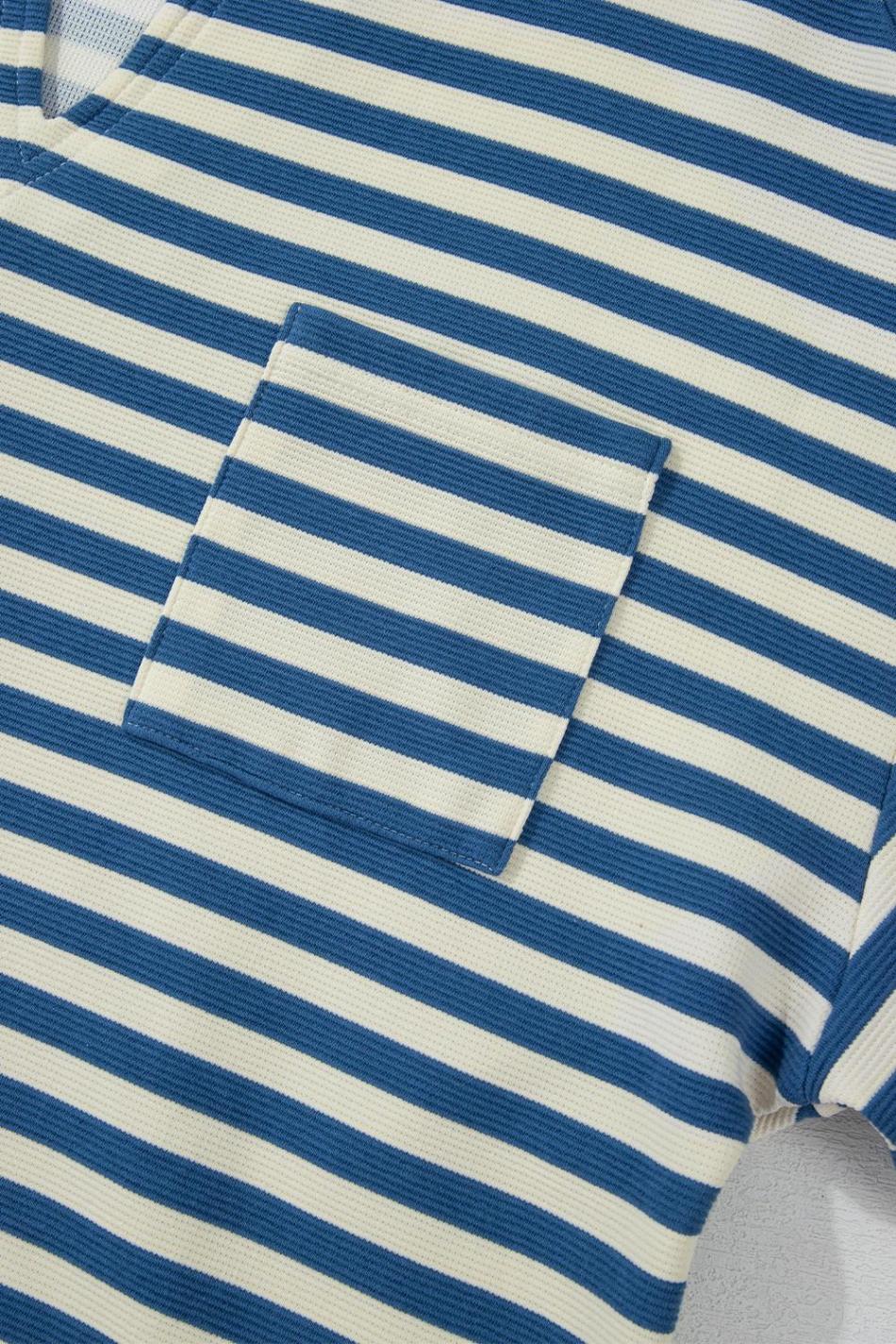 Sky Blue Stripe Pocket Buttoned Back Notched V Neck Top | Women Long Sleeve Tops