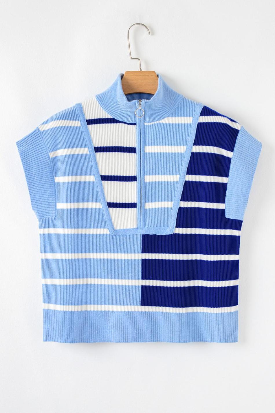 Sky Blue Stripe Quarter Zip Collar Knit Vest | Women Knit Tops