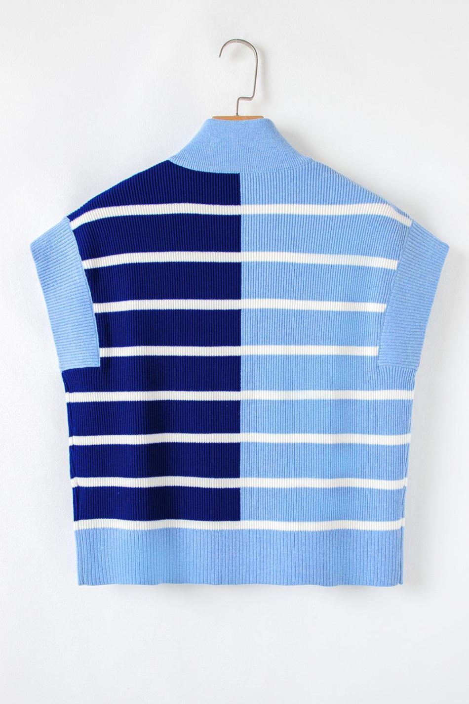 Sky Blue Stripe Quarter Zip Collar Knit Vest | Women Knit Tops
