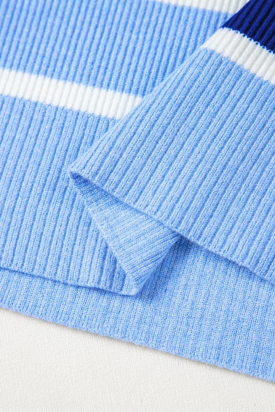 Sky Blue Stripe Quarter Zip Collar Knit Vest | Women Knit Tops