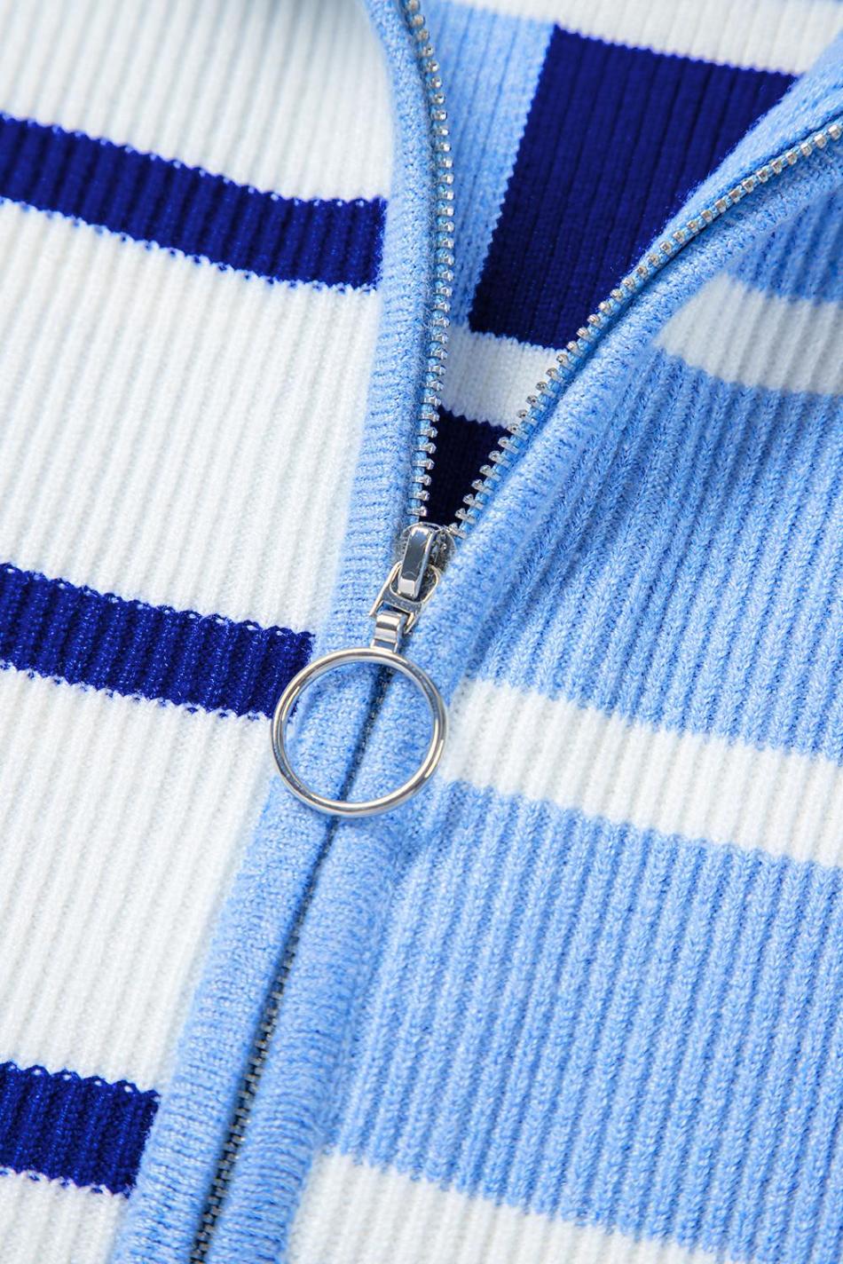 Sky Blue Stripe Quarter Zip Collar Knit Vest | Women Knit Tops