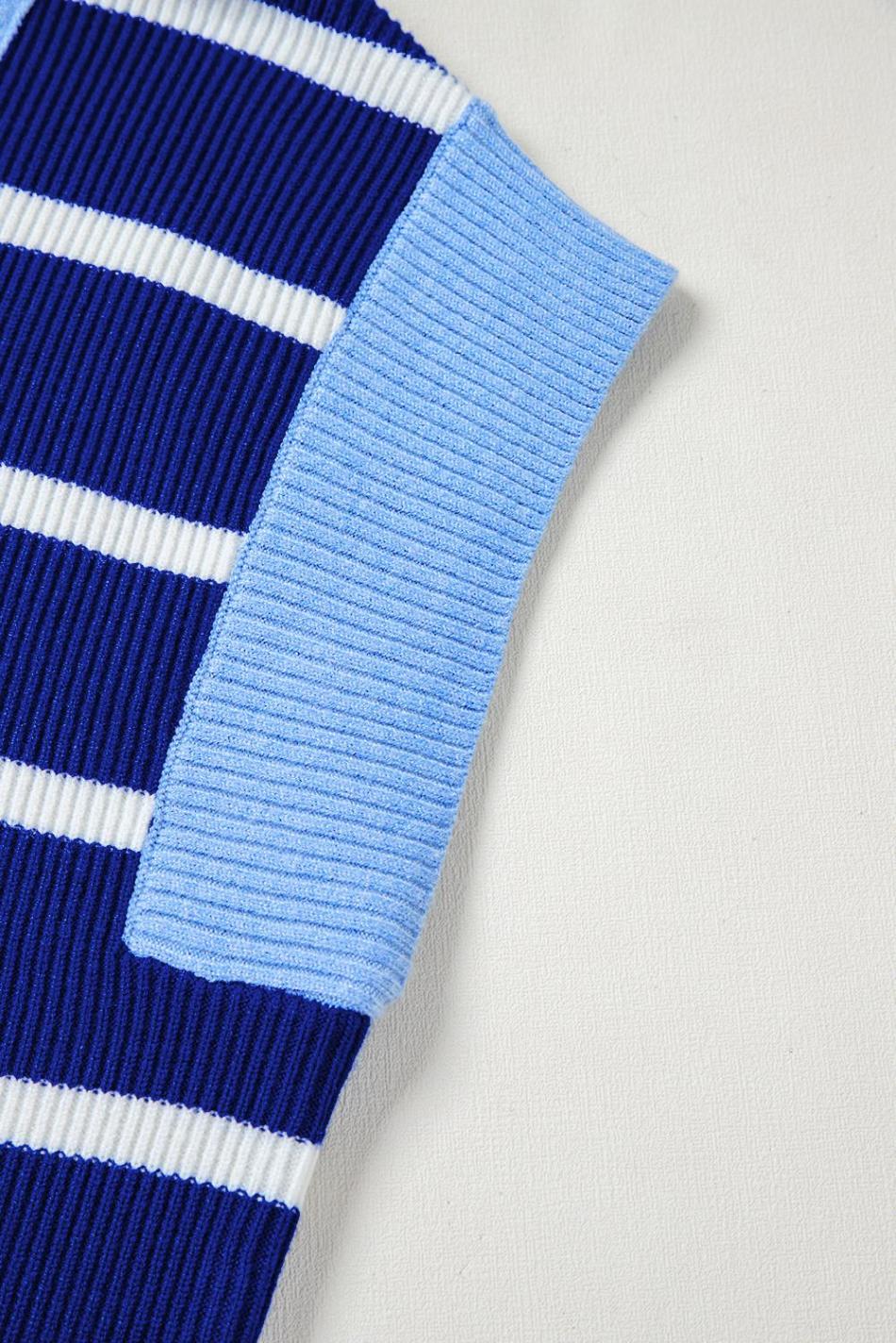 Sky Blue Stripe Quarter Zip Collar Knit Vest | Women Knit Tops